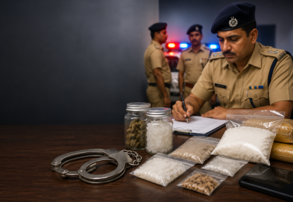 Kurukshetra Police Drug Crackdown Kurukshetra Police officer documenting suspected narcotics during a drug crackdown