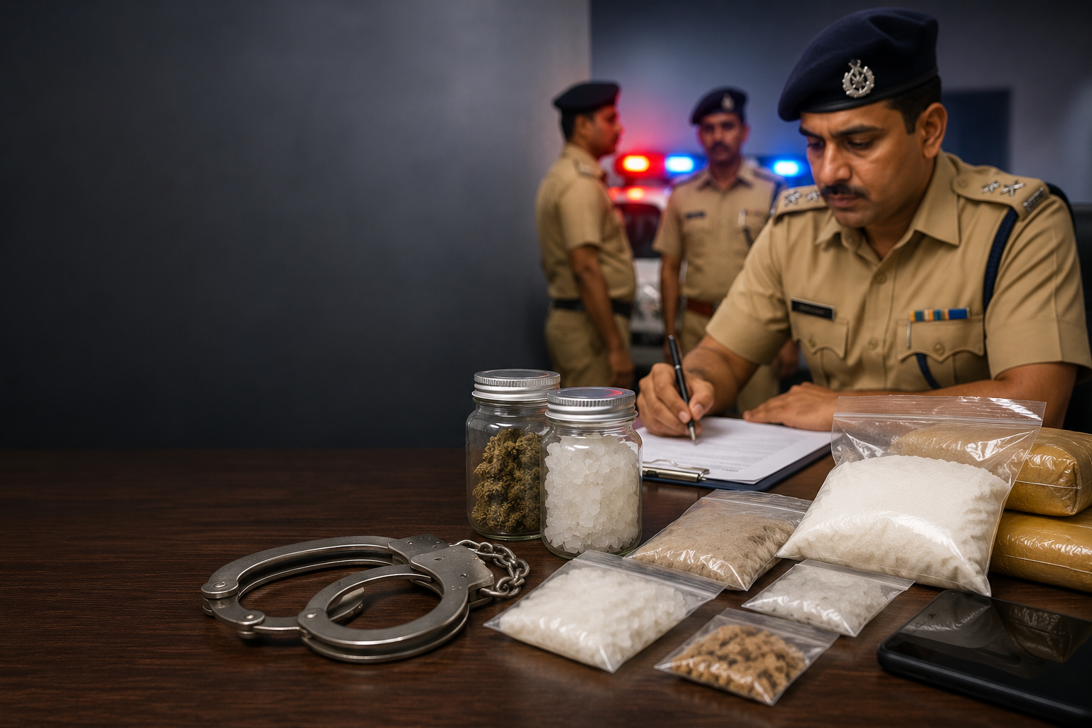 Kurukshetra Police officer documenting suspected narcotics during a drug crackdown