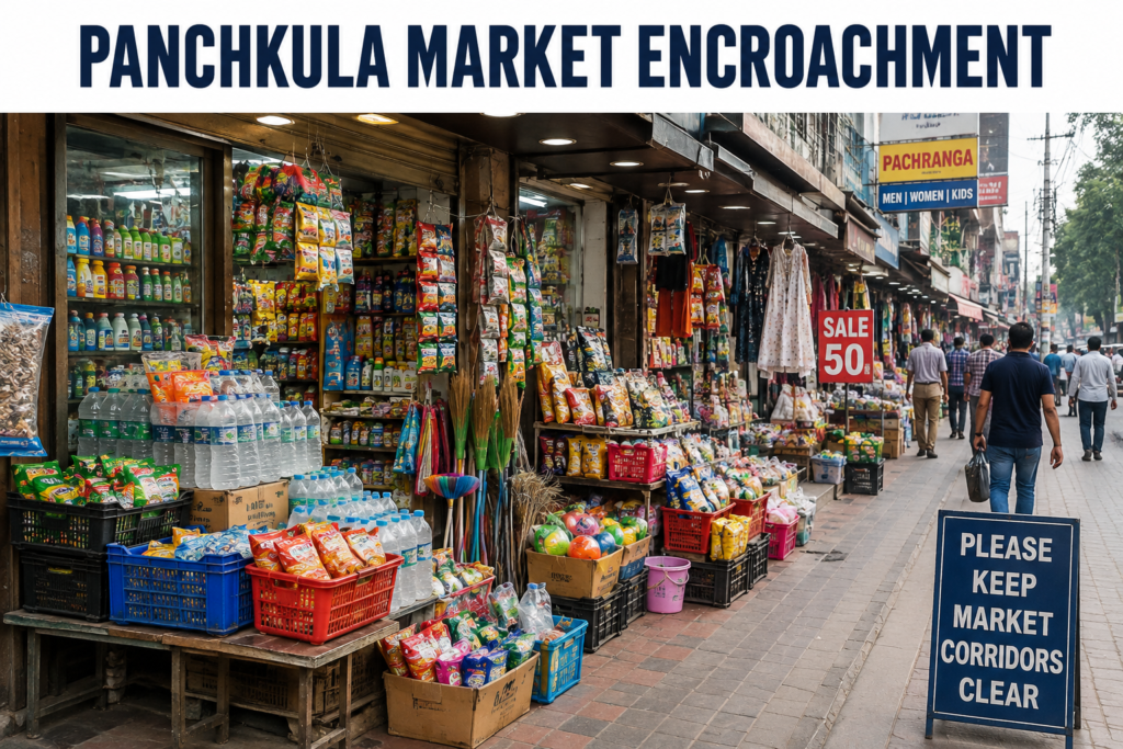 Panchkula market encroachment with shopkeepers displaying goods outside shops