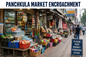 Panchkula market encroachment with shopkeepers displaying goods outside shops