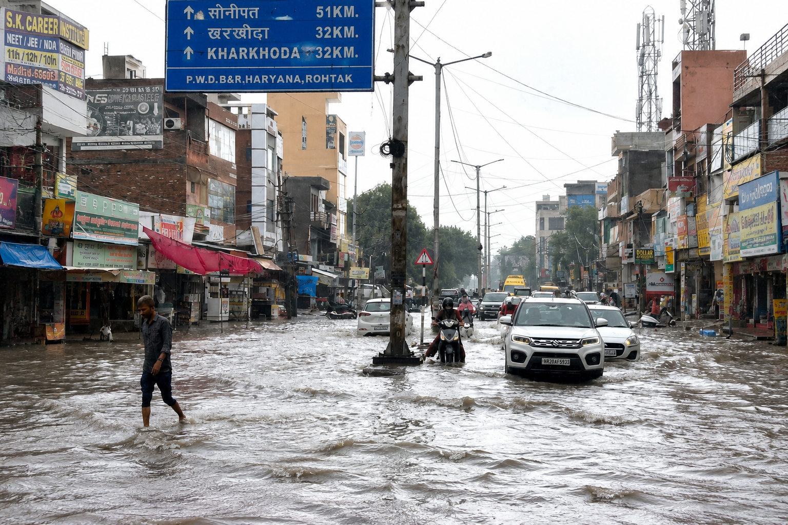 Rohtak Waterlogging After Heavy Monsoon Rain Rohtak waterlogging floods a city road after heavy monsoon rain, with vehicles and pedestrians moving through the water.